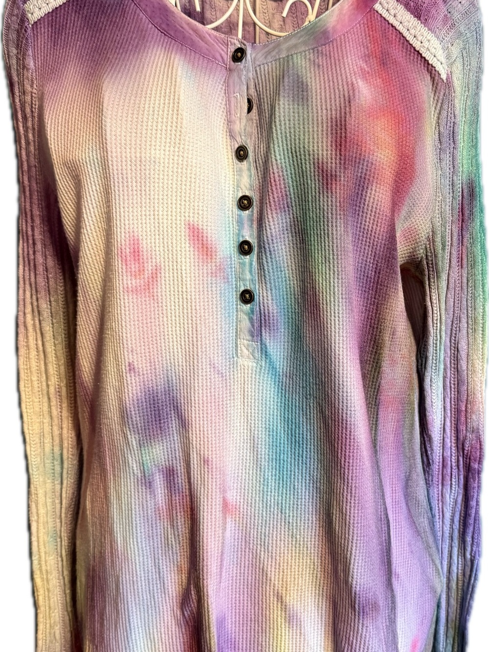 Tie-Dye Waffle Henley Long Sleeve Top - Pastel Multicolor